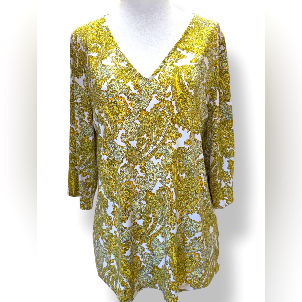 New Michael Kors Green Gold Paisley 3/4 Cutout Sleeve Jersey Knit Top blouse Med